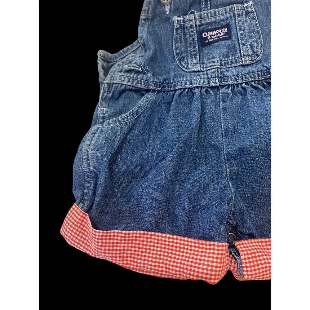Oshkosh B'Gosh Denim Jean Shortalls Overalls Size 12M Red Gingham Bottom Vintage